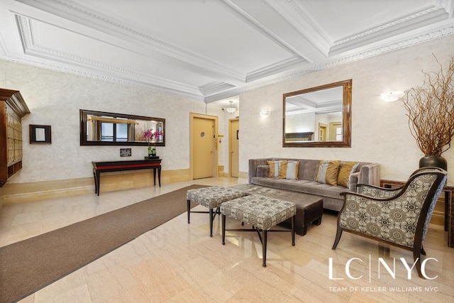 living area featuring ornamental molding and beam ceiling