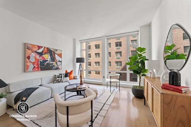 living room featuring expansive windows and light wood finished floors