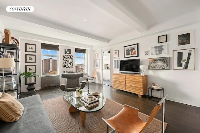 405 W 23rd St Unit 14F, New York City, NY 10011 - living area featuring baseboards, visible vents, dark wood-style floors, and beam ceiling