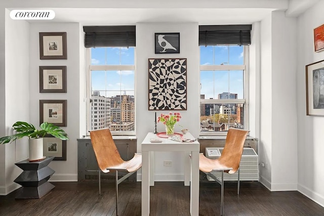 405 W 23rd St Unit 14F, New York City, NY 10011 - living area with baseboards, a city view, and wood finished floors