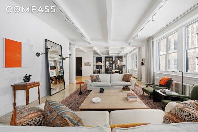 living room with decorative columns, plenty of natural light, wood finished floors, beam ceiling, and baseboards