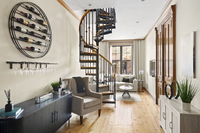 230 Union St, New York City, NY 11231 - living area with stairs, light wood finished floors, baseboards, and ornamental molding