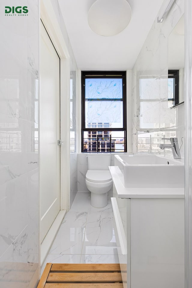bathroom with toilet, marble tiled flooring, and vanity