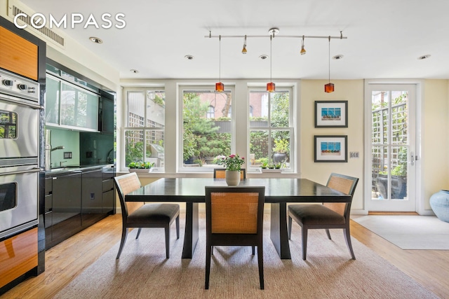 dining room featuring light wood-type flooring and track lighting