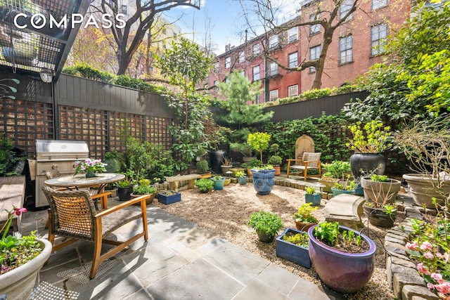 view of patio / terrace featuring a fenced backyard and grilling area