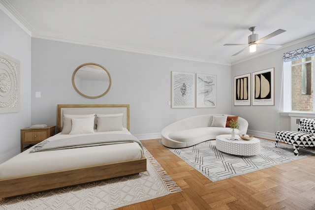 bedroom with baseboards, ceiling fan, and crown molding