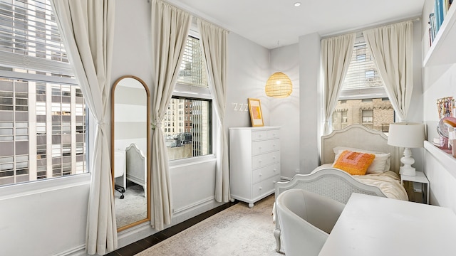 bedroom featuring wood finished floors, baseboards, and multiple windows
