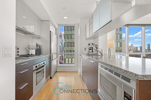 kitchen with appliances with stainless steel finishes, modern cabinets, light wood-style flooring, white cabinetry, and recessed lighting