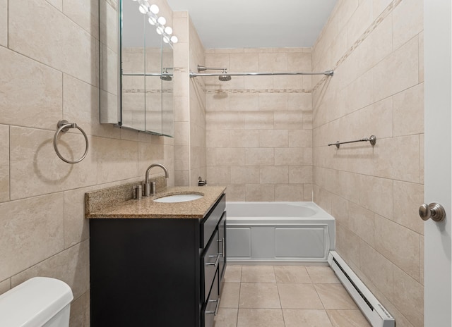 bathroom with a baseboard radiator, tile walls,  shower combination, toilet, and tile patterned floors