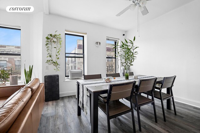 551 W 160th St Unit 5B, New York City, NY 10032 - dining space featuring dark wood finished floors, a ceiling fan, and baseboards