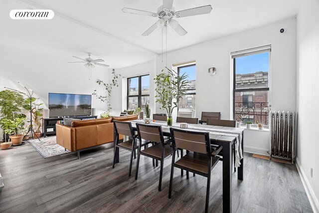 551 W 160th St Unit 5B, New York City, NY 10032 - dining area with ceiling fan, wood finished floors, radiator heating unit, and baseboards