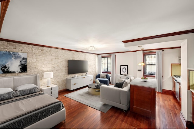 living area with crown molding, dark wood-type flooring, and baseboards