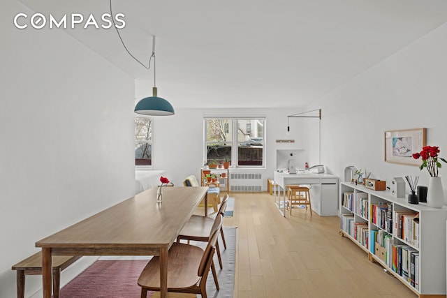 dining room featuring light wood-type flooring and radiator