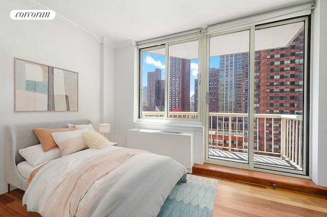 206 E 95th St Unit 16A, New York City, NY 10128 - bedroom featuring wood finished floors, a view of skyline, radiator heating unit, expansive windows, and ornamental molding