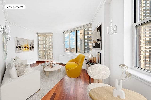 living room featuring healthy amount of natural light, wood finished floors, crown molding, and baseboards
