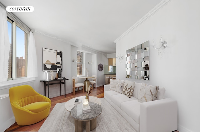 living area featuring wood finished floors, crown molding, and baseboards