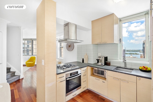 206 E 95th St Unit 16A, New York City, NY 10128 - kitchen featuring appliances with stainless steel finishes, a sink, extractor fan, dark countertops, and backsplash