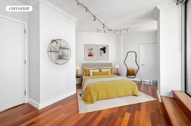 206 E 95th St Unit 16A, New York City, NY 10128 - bedroom featuring rail lighting, wood finished floors, baseboards, and ornamental molding