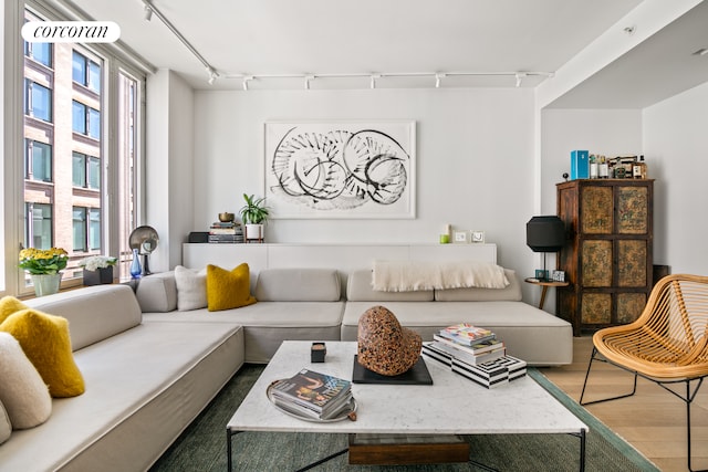 living area with track lighting and wood finished floors