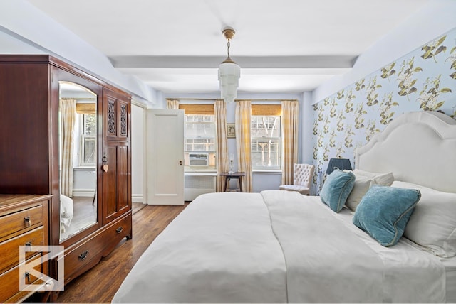 414 E 52nd St Unit 2A, New York City, NY 10022 - bedroom with beamed ceiling, dark wood-type flooring, multiple windows, cooling unit, and wallpapered walls