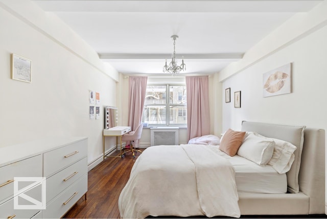414 E 52nd St Unit 2A, New York City, NY 10022 - bedroom featuring beam ceiling, dark wood-style flooring, radiator, an office area, and a chandelier