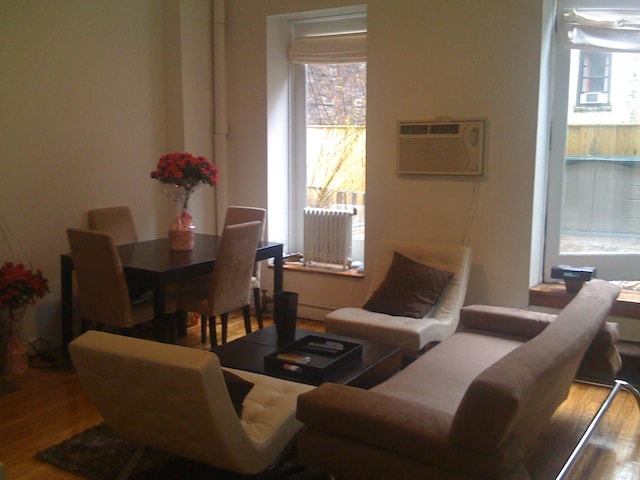 207 W 21st St Unit 3R, New York City, NY 10011 - living area featuring radiator, an AC wall unit, and wood finished floors