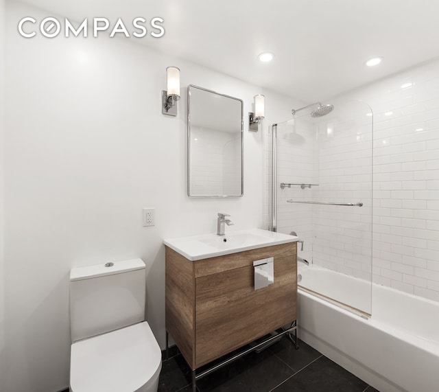bathroom with toilet, tile patterned flooring, vanity, shower / bath combination, and recessed lighting