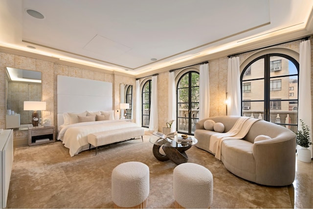 349 W 86th St, New York City, NY 10024 - bedroom featuring a tray ceiling, carpet floors, and access to exterior