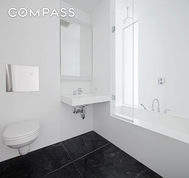 full bathroom featuring toilet and a combined bath / shower with rainfall shower