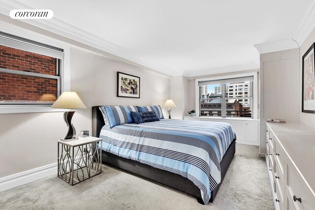 bedroom featuring light carpet, baseboards, visible vents, and crown molding
