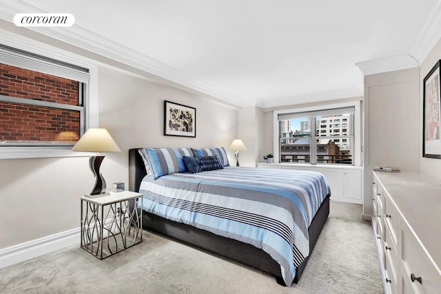 360 E 72nd St Unit A606, New York City, NY 10021 - bedroom featuring ornamental molding and light carpet