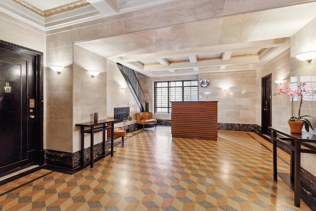 760 W End Ave Unit 1B, New York City, NY 10025 - reception area featuring tile walls, coffered ceiling, beam ceiling, and ornamental molding