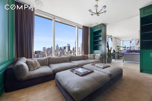 215 Chrystie St Unit Ph3, New York City, NY 10002 - living room with a city view and a chandelier