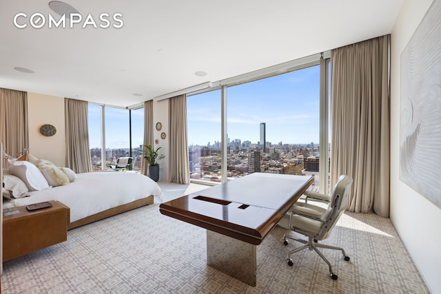 215 Chrystie St Unit Ph3, New York City, NY 10002 - carpeted bedroom featuring a city view and floor to ceiling windows