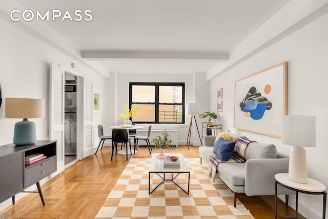 245 E 72nd St Unit 8G, New York City, NY 10021 - living room with beamed ceiling and radiator heating unit