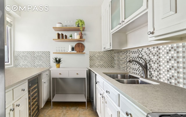 303 E 57th St Unit 30E, New York City, NY 10022 - kitchen featuring wine cooler, open shelves, decorative backsplash, white cabinetry, and light countertops