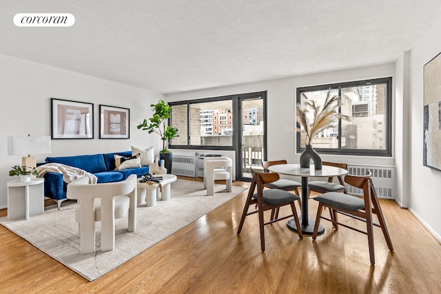 90 Gold St Unit 10L, New York City, NY 10038 - dining space featuring radiator heating unit, light wood-style floors, healthy amount of natural light, a textured ceiling, and baseboards