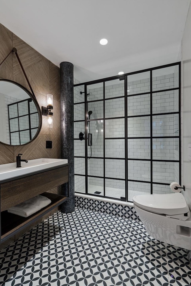 260 W Broadway Unit 9/10B, New York City, NY 10013 - bathroom featuring a stall shower, toilet, tile patterned floors, and vanity