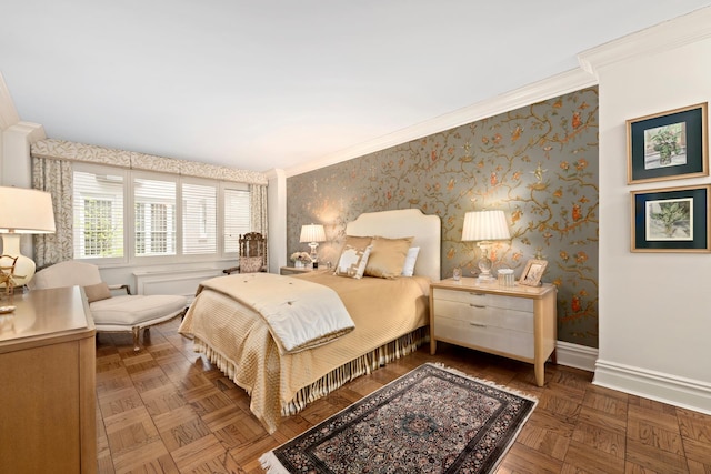 bedroom with baseboards, wallpapered walls, and crown molding