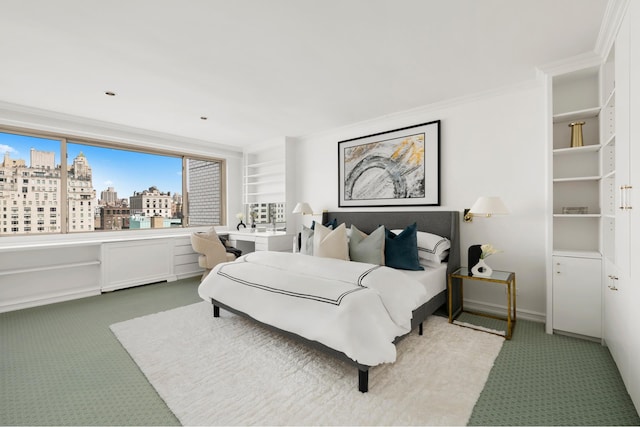 10 E 70th St Unit 12C, New York City, NY 10021 - bedroom with light colored carpet, a city view, and ornamental molding