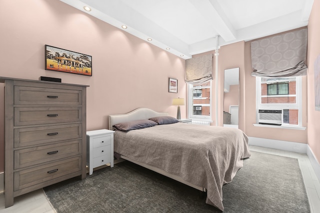 100 Hudson St Unit 4C, New York City, NY 10013 - bedroom with beam ceiling, recessed lighting, cooling unit, and dark wood finished floors