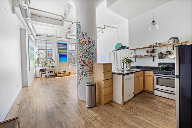 689 Myrtle Ave Unit 2E, New York City, NY 11205 - kitchen featuring appliances with stainless steel finishes, a sink, dark countertops, and light wood-type flooring