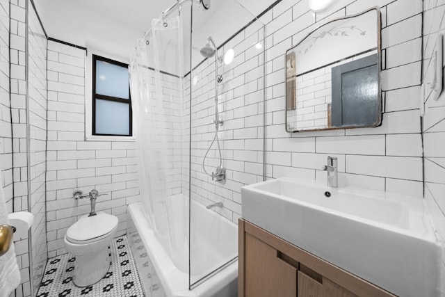 95 Park Ter E Unit 1D, New York City, NY 10034 - bathroom with shower / bath combo with shower curtain, vanity, toilet, and tile walls