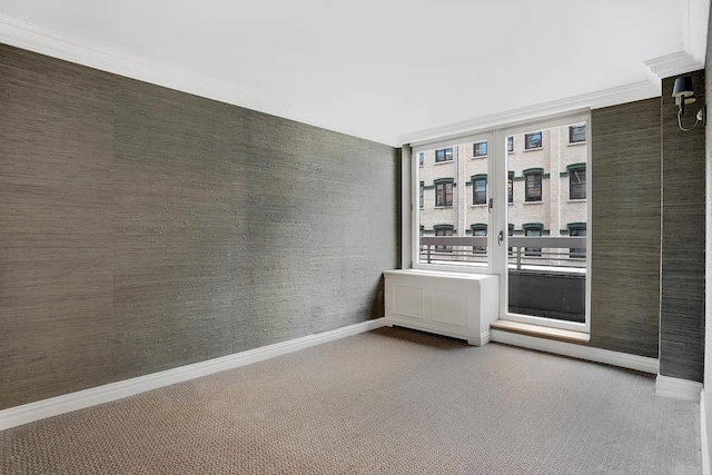 empty room featuring carpet, baseboards, and ornamental molding