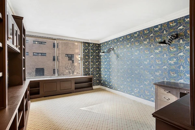 bathroom with ornamental molding, baseboards, and wallpapered walls