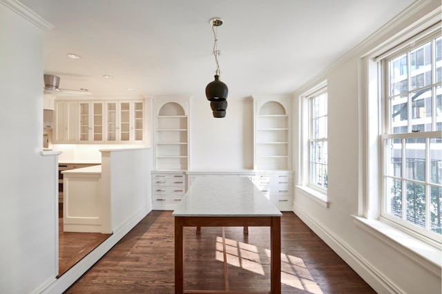 541 E 72nd St Unit 2/3, New York City, NY 10021 - unfurnished dining area featuring dark wood-style flooring, baseboards, crown molding, built in shelves, and recessed lighting