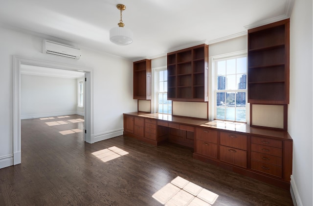 541 E 72nd St Unit 2/3, New York City, NY 10021 - unfurnished office featuring an AC wall unit, dark wood-style floors, baseboards, crown molding, and built in desk