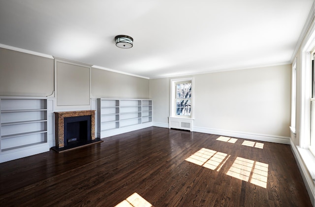541 E 72nd St Unit 2/3, New York City, NY 10021 - unfurnished living room with a fireplace with raised hearth, dark wood-type flooring, crown molding, baseboards, and built in features
