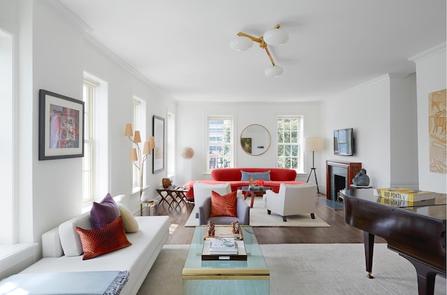 541 E 72nd St Unit 2/3, New York City, NY 10021 - living room with wood finished floors, a fireplace, and ornamental molding