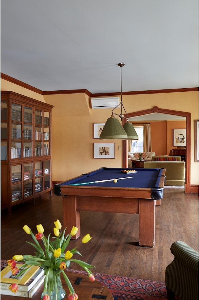 541 E 72nd St Unit 2/3, New York City, NY 10021 - recreation room with billiards table, wood finished floors, ornamental molding, and a wall unit AC
